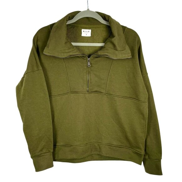 WILO The Label Olive Green Half Zip Pullover Boxy Cotton Sweatshirt Womens S - Picture 1 of 13